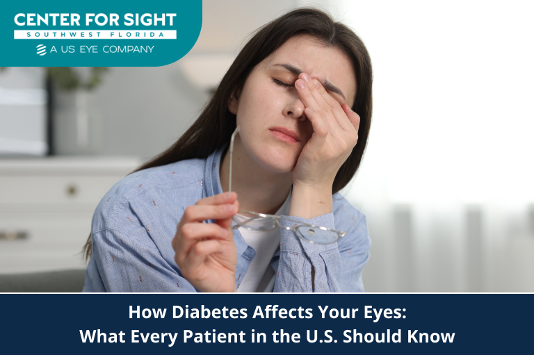 Woman rubbing her eyes while holding glasses – diabetic eye care awareness