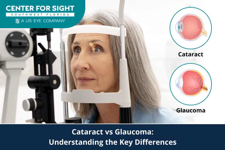 Patient undergoing eye examination to compare cataract vs glaucoma symptoms and diagnosis at Center for Sight Southwest Florida.